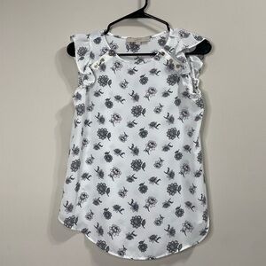 Loft White Ruffled Sleeveless Blouse with Floral Design Petite